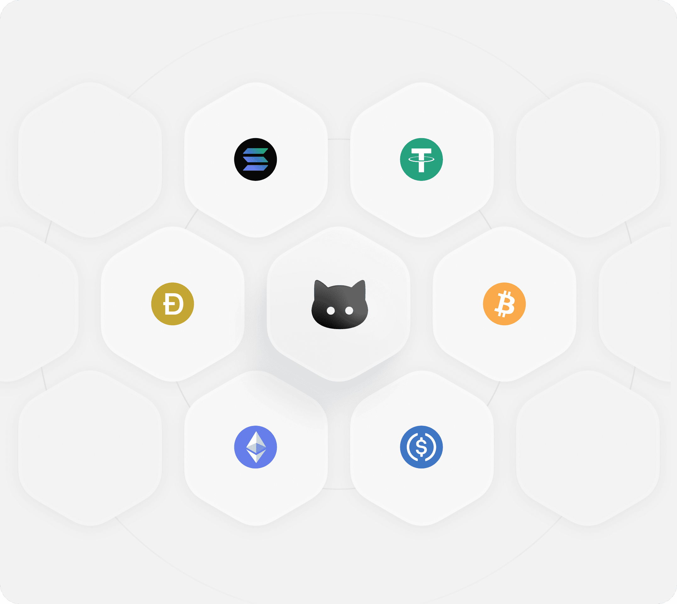 KARMA Token illustration with cryptocurrency icons including Solana, USDT, Ethereum, USDC, Doge, and Bitcoin